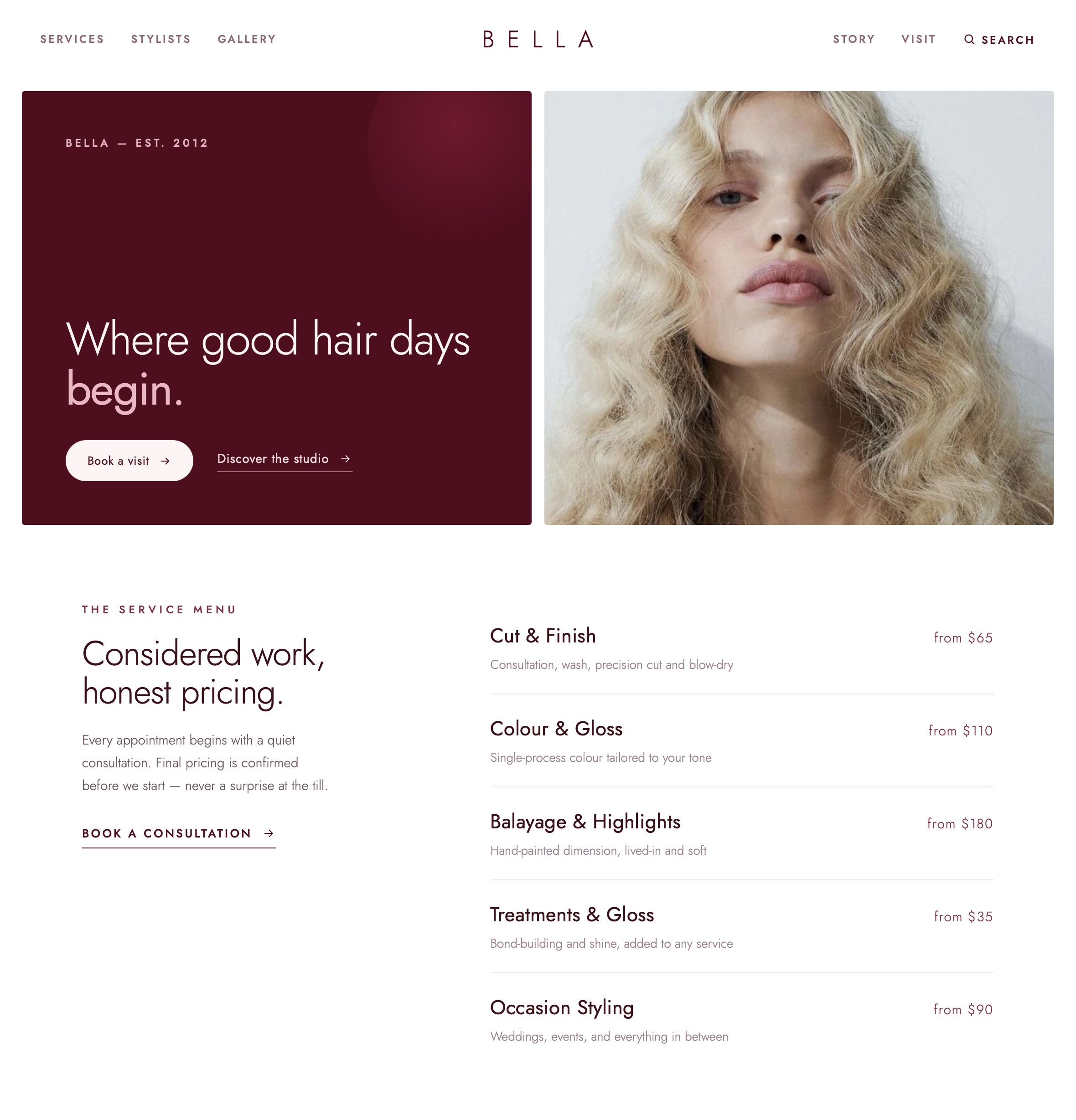 Bella Hair Studio website